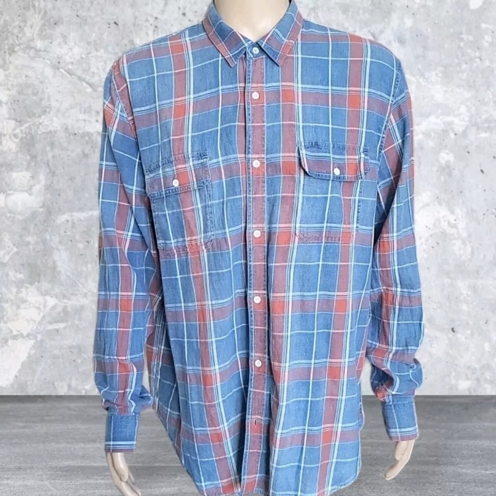 Lucky Brand Flannel Shirt Men 2XL XXL Blue Orange Check Plaid Western Button-Up